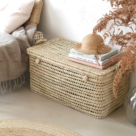 Grande panière de rangement palmier tressé - Panier à linge anses cuir